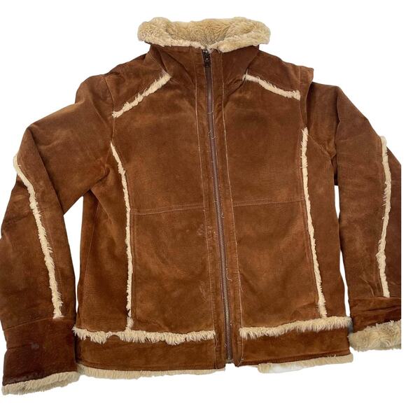 Vintage 90s y2k Wilsons Suede Leather Jacket Womens M Brown Faux Fur zip coat - Picture 1 of 9